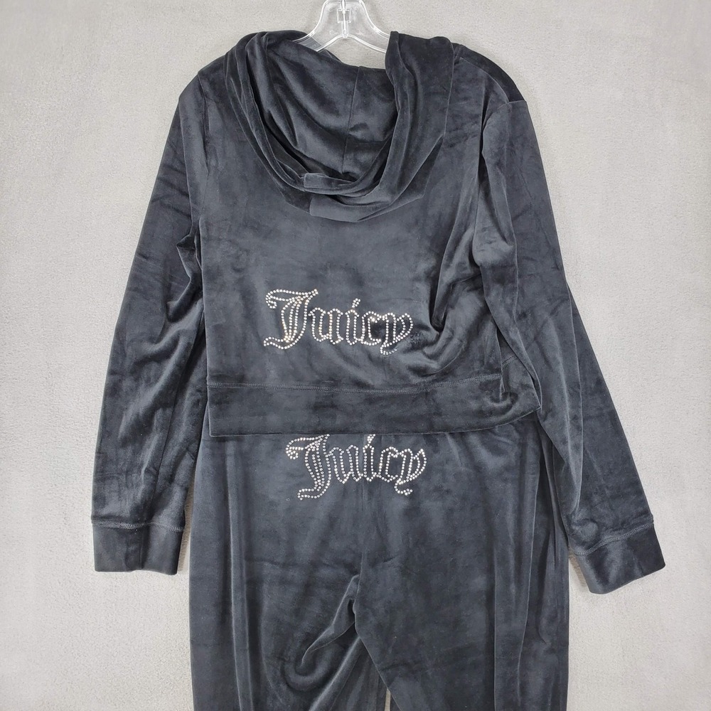 Juicy Couture Tracksuit Women L Black Rhinestone Velour Hoodie Wide Leg Set NEW